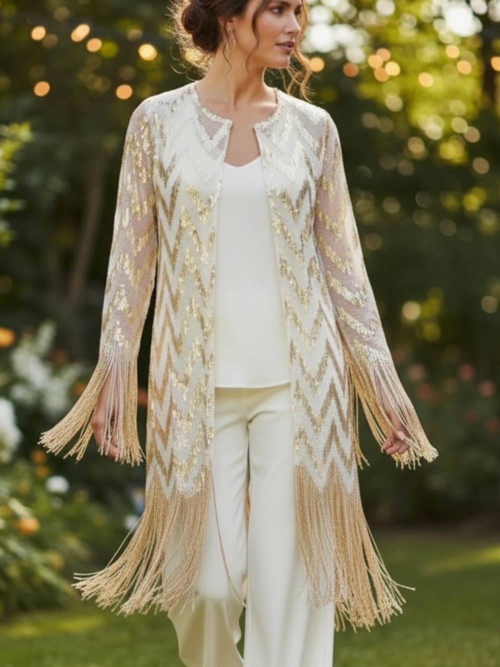 Midnight Velvet Gold Sequin Fringe Duster Jacket Chevron Cream XL Boho Festival